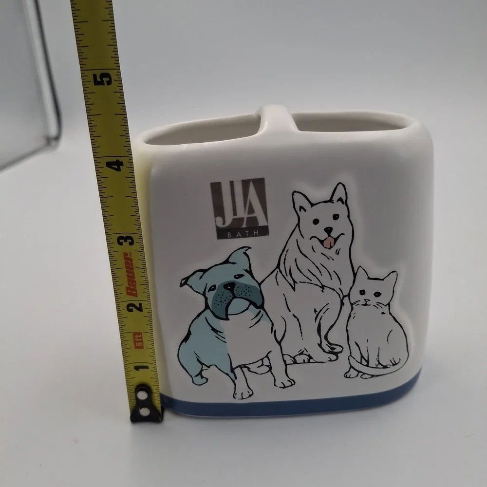 JLA‎ Bath Pet Friends Ceramic Toothbrush Holder White Blue Dogs Cat Bathroom Vtg